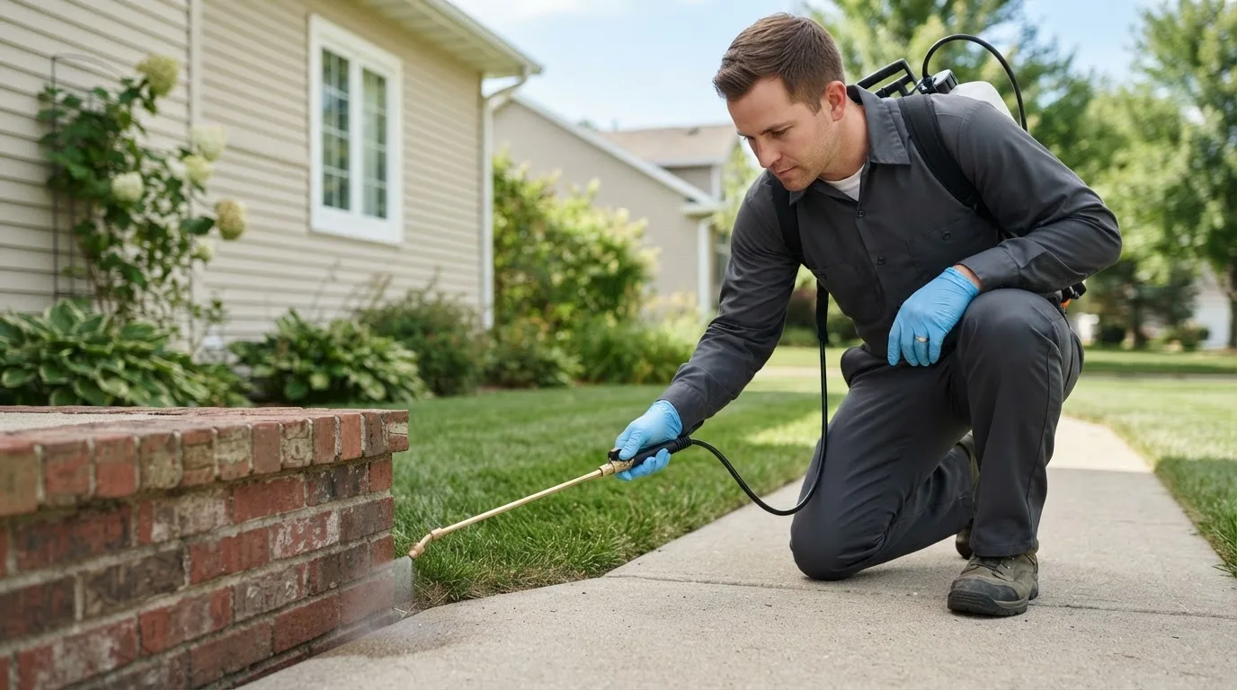 Pest control technician treating a home near Wellington, AL